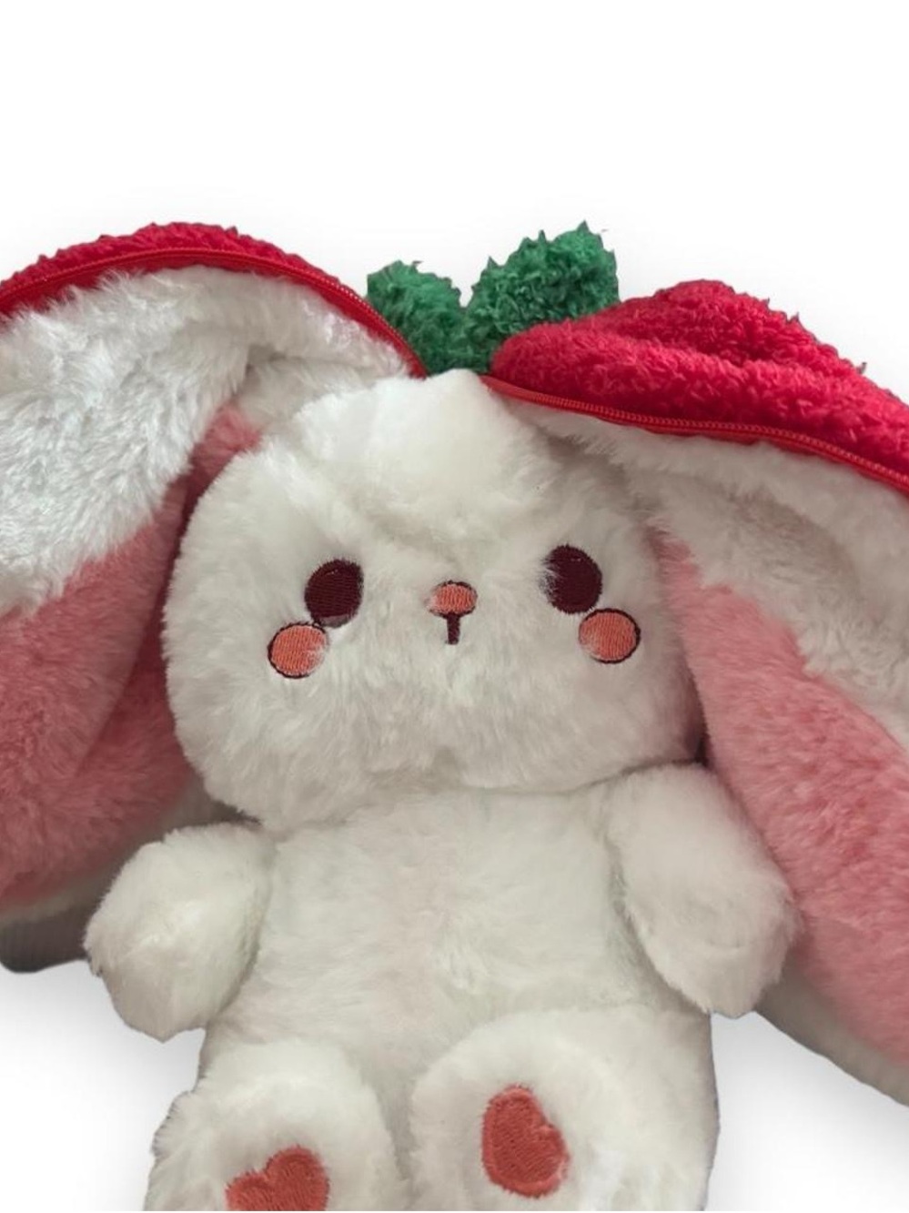 Plush Bunny with Pink-Eared Strawberry Hood zip up- White Pink Red